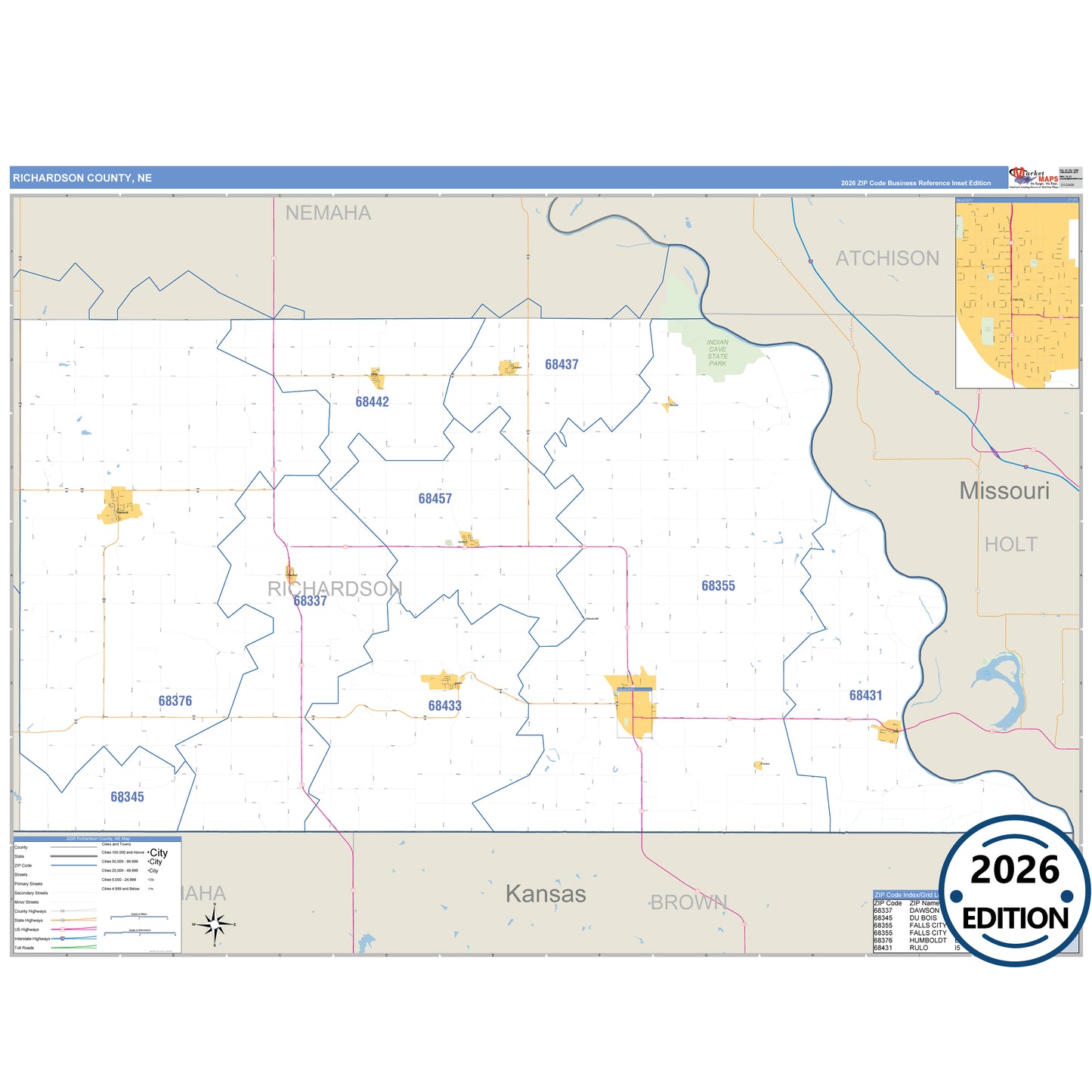 Richardson County, NE Business Reference 5 Digit ZIP Code Wall Map