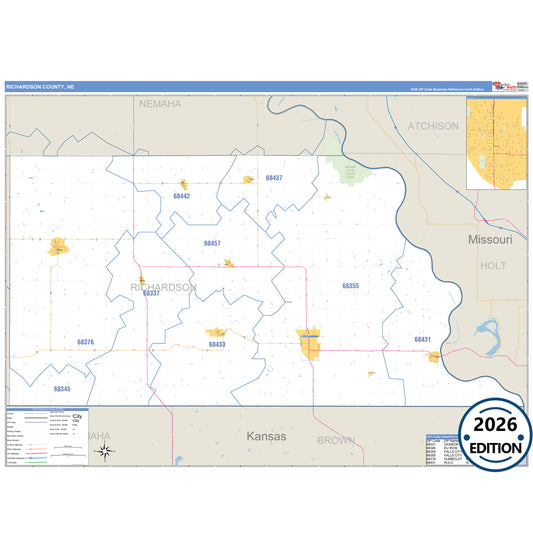 Richardson County, NE Business Reference 5 Digit ZIP Code Wall Map