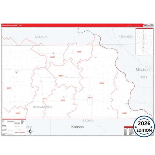 Richardson County, NE Red Line 5 Digit ZIP Code Wall Map