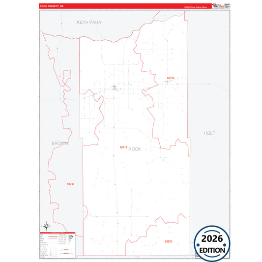 Rock County, NE Red Line 5 Digit ZIP Code Wall Map