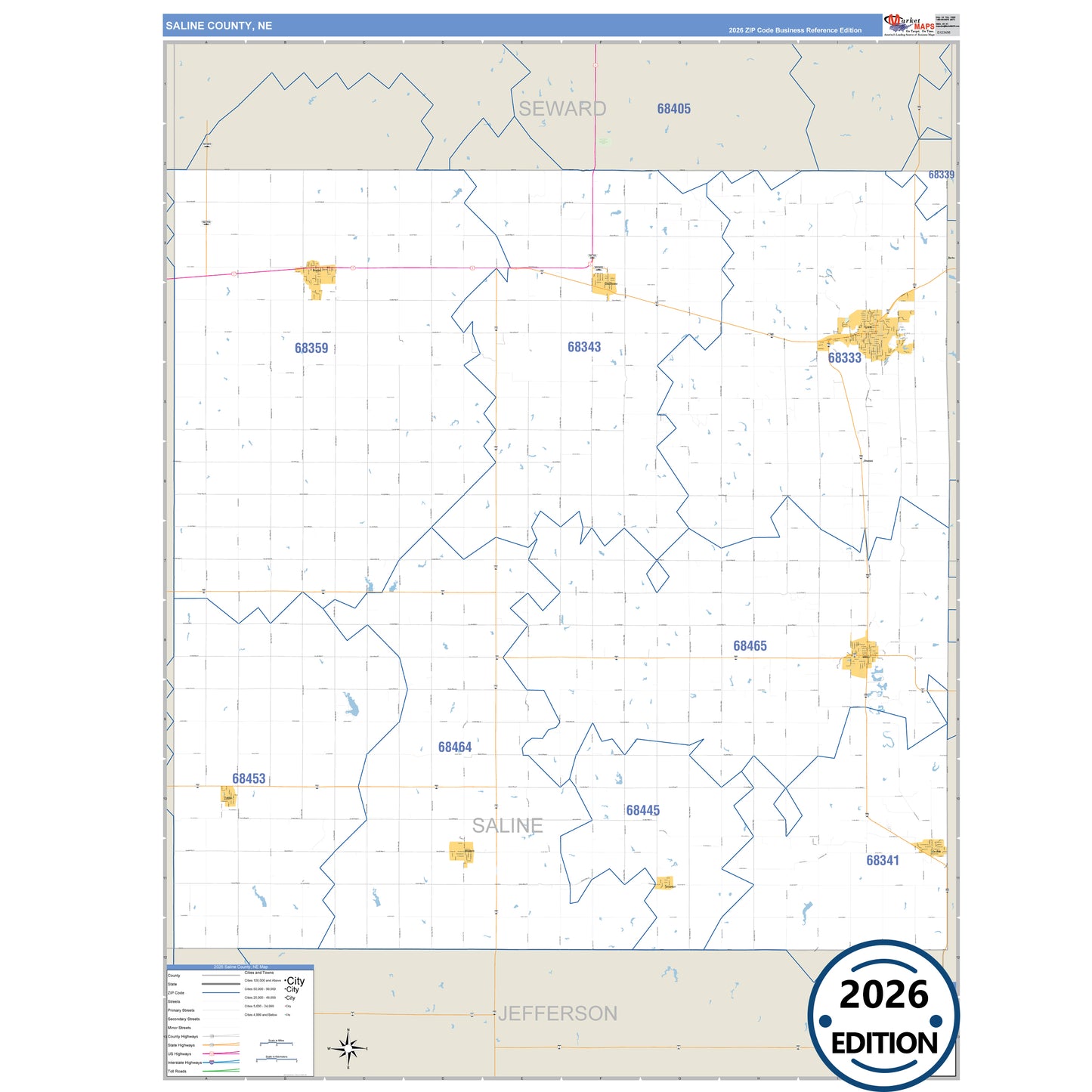 Saline County, NE Business Reference 5 Digit ZIP Code Wall Map