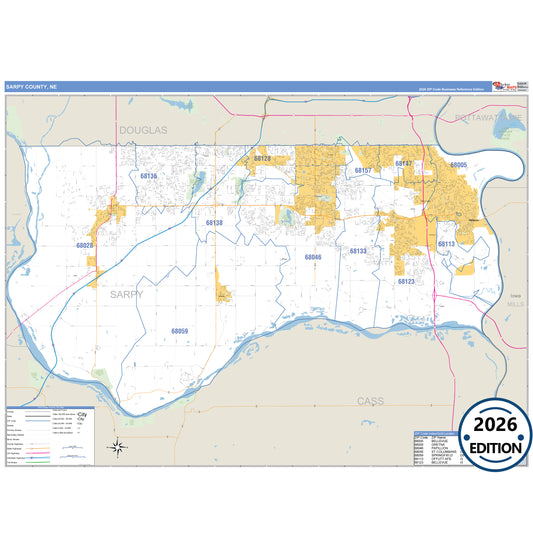 Sarpy County, NE Business Reference 5 Digit ZIP Code Wall Map