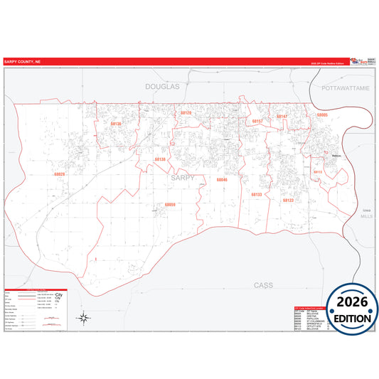 Sarpy County, NE Red Line 5 Digit ZIP Code Wall Map