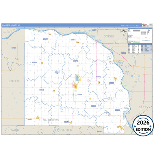 Saunders County, NE Business Reference 5 Digit ZIP Code Wall Map
