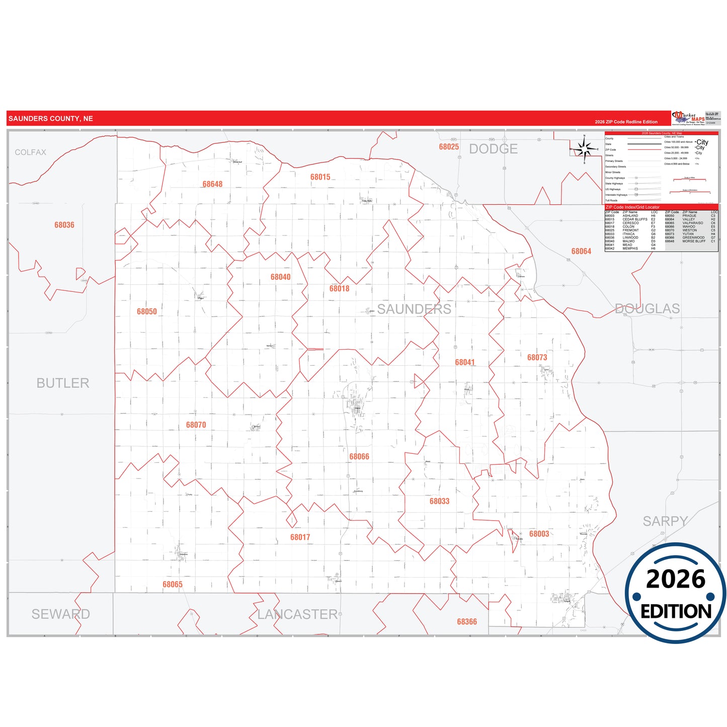 Saunders County, NE Red Line 5 Digit ZIP Code Wall Map