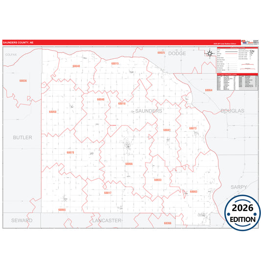 Saunders County, NE Red Line 5 Digit ZIP Code Wall Map
