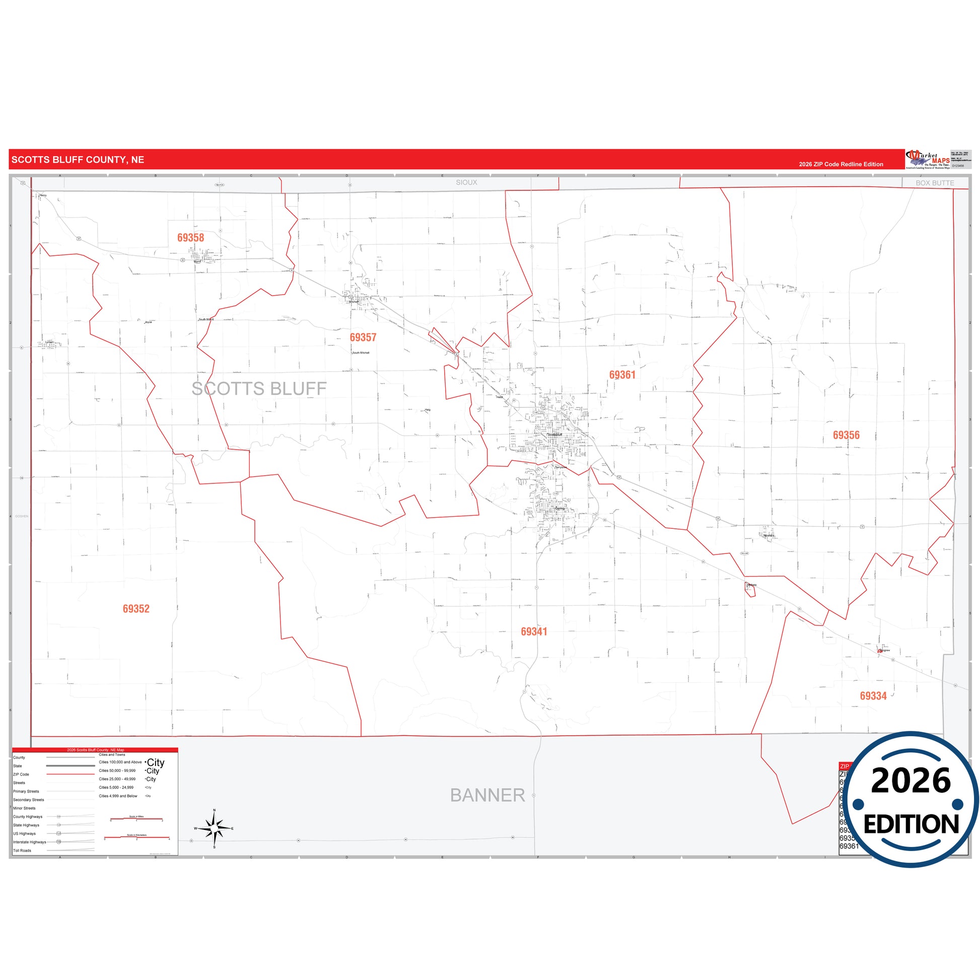 Scotts Bluff County, NE Red Line map with detailed roads, cities, and ZIP code boundaries.