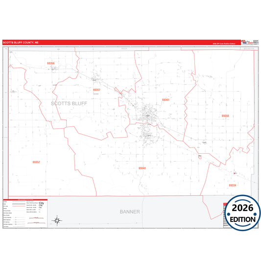 Scotts Bluff County, NE Red Line 5 Digit ZIP Code Wall Map