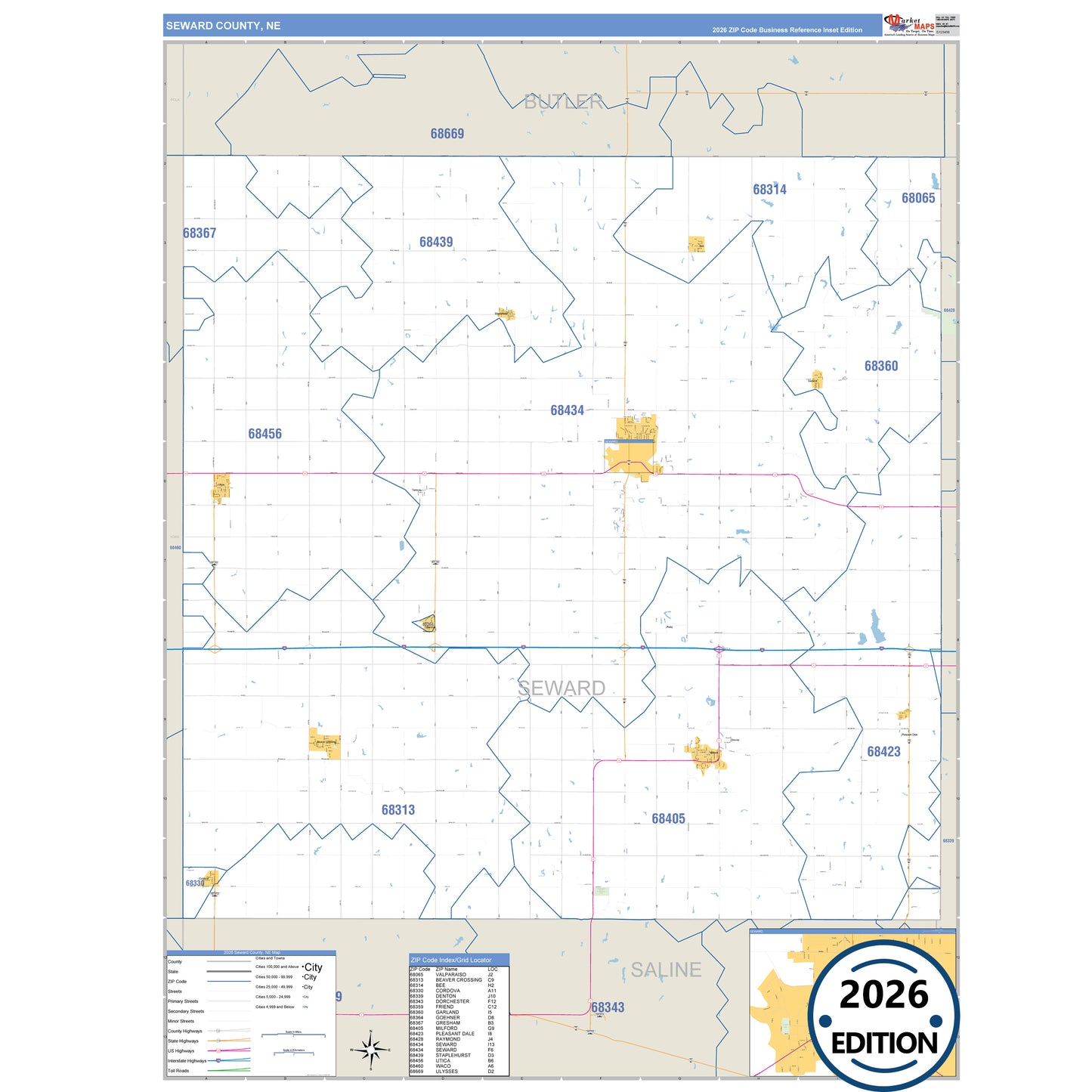 Seward County, NE Business Reference 5 Digit ZIP Code Wall Map