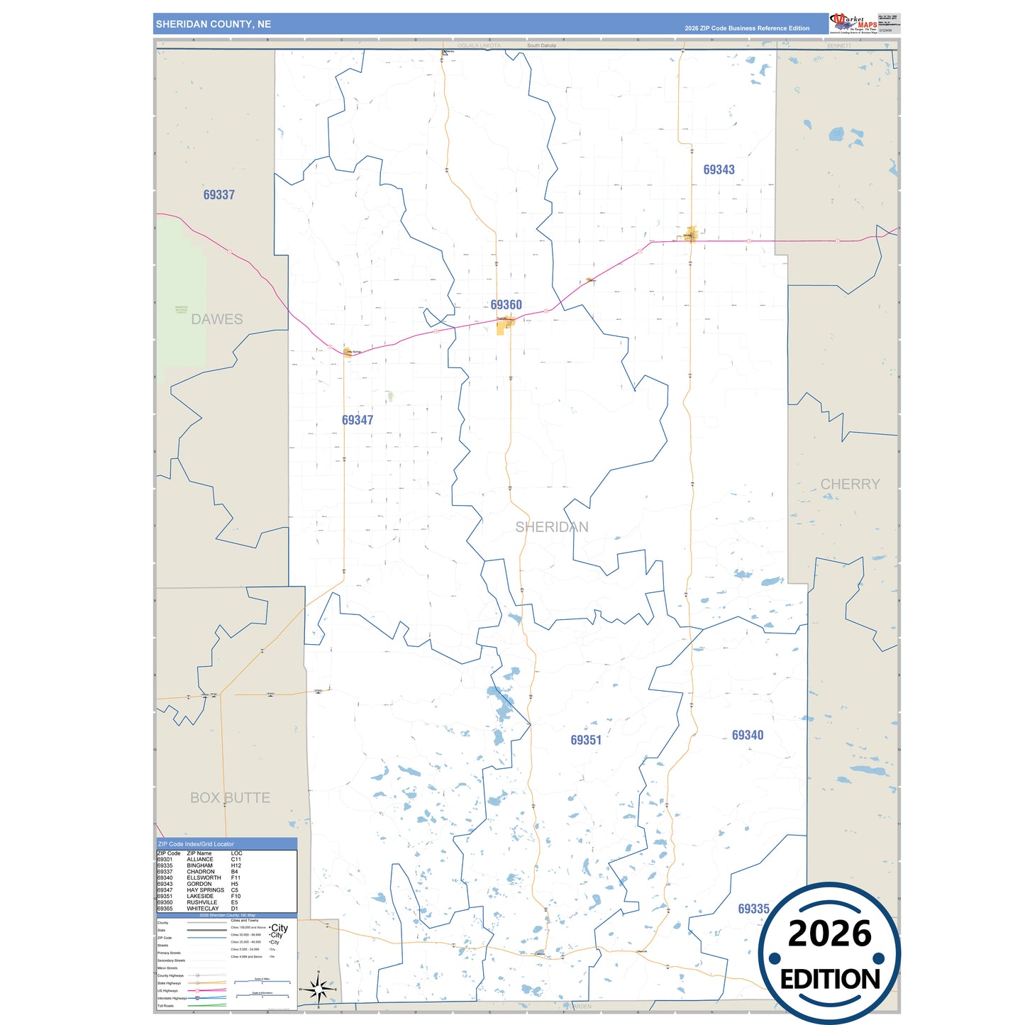 Sheridan County, NE Business Reference 5 Digit ZIP Code Wall Map