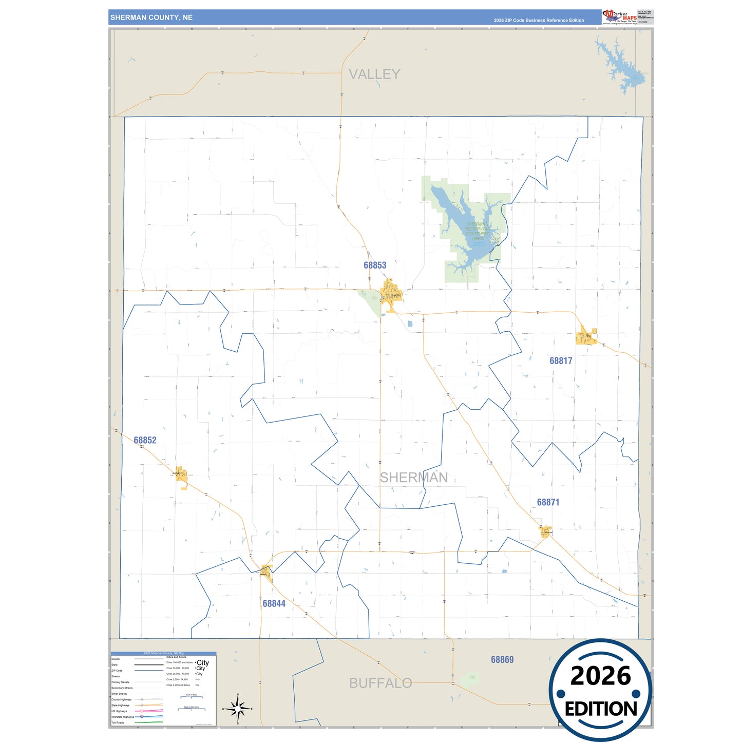 Sherman County, NE Business Reference 5 Digit ZIP Code Wall Map