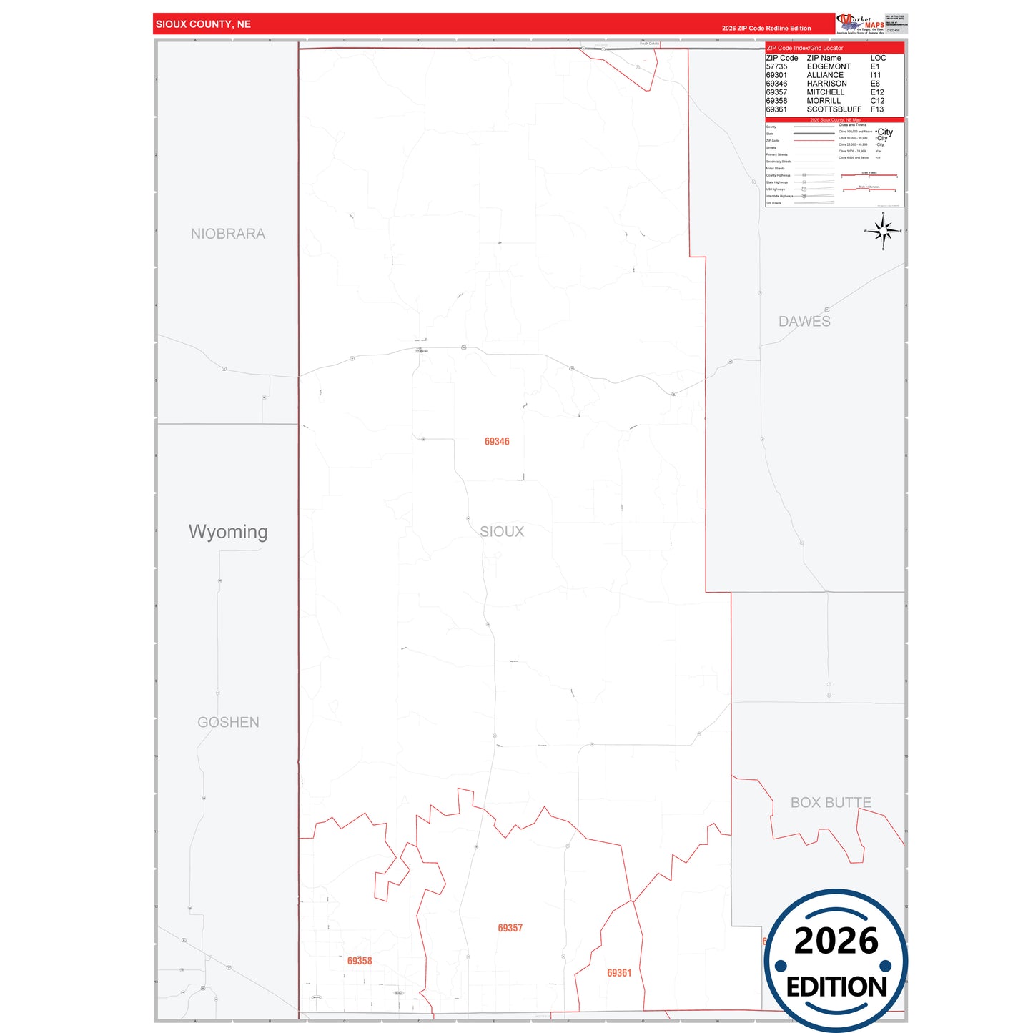 Sioux County, NE Red Line 5 Digit ZIP Code Wall Map