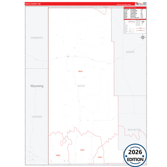 Sioux County, NE Red Line 5 Digit ZIP Code Wall Map