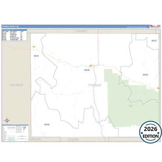 Thomas County, NE Business Reference 5 Digit ZIP Code Wall Map