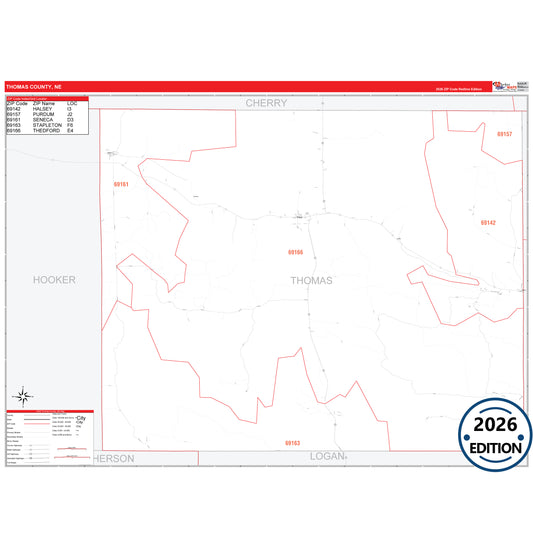 Thomas County, NE Red Line 5 Digit ZIP Code Wall Map