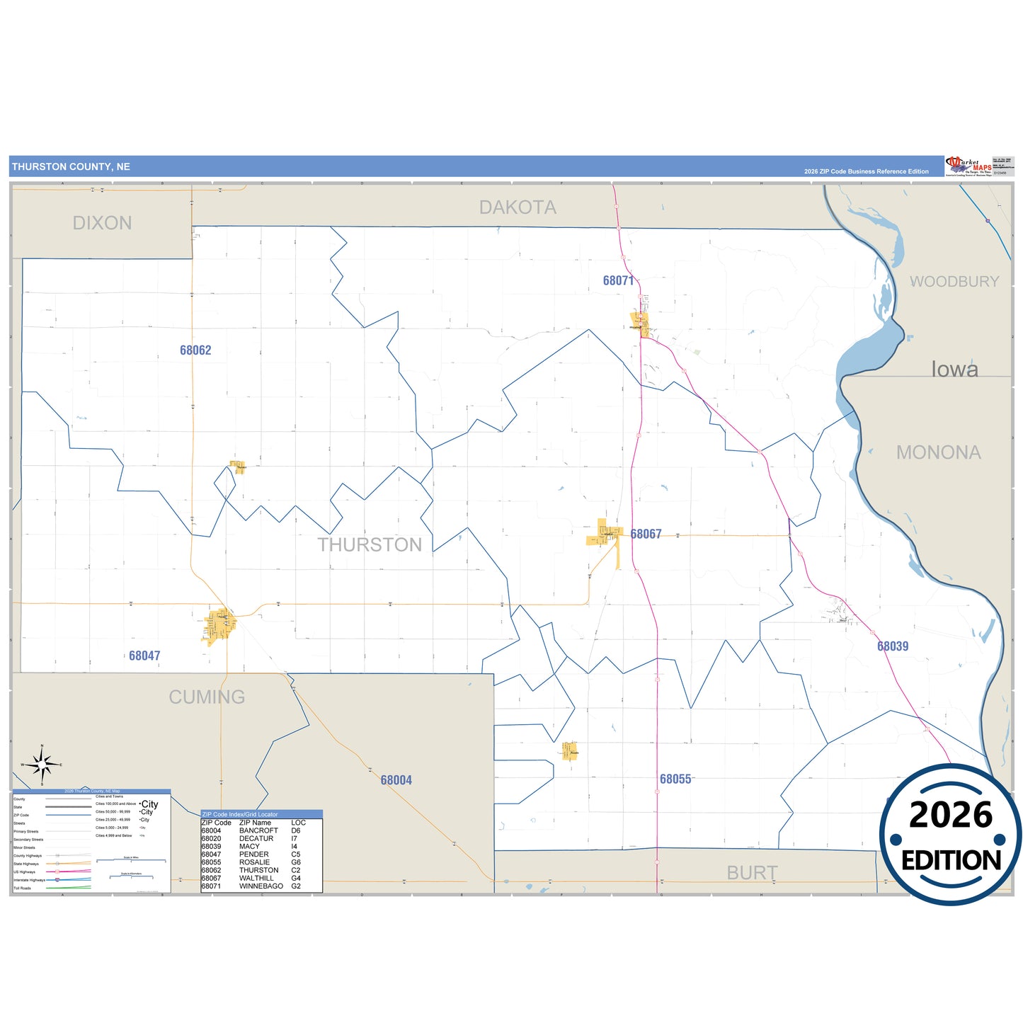 Thurston County, NE Business Reference 5 Digit ZIP Code Wall Map
