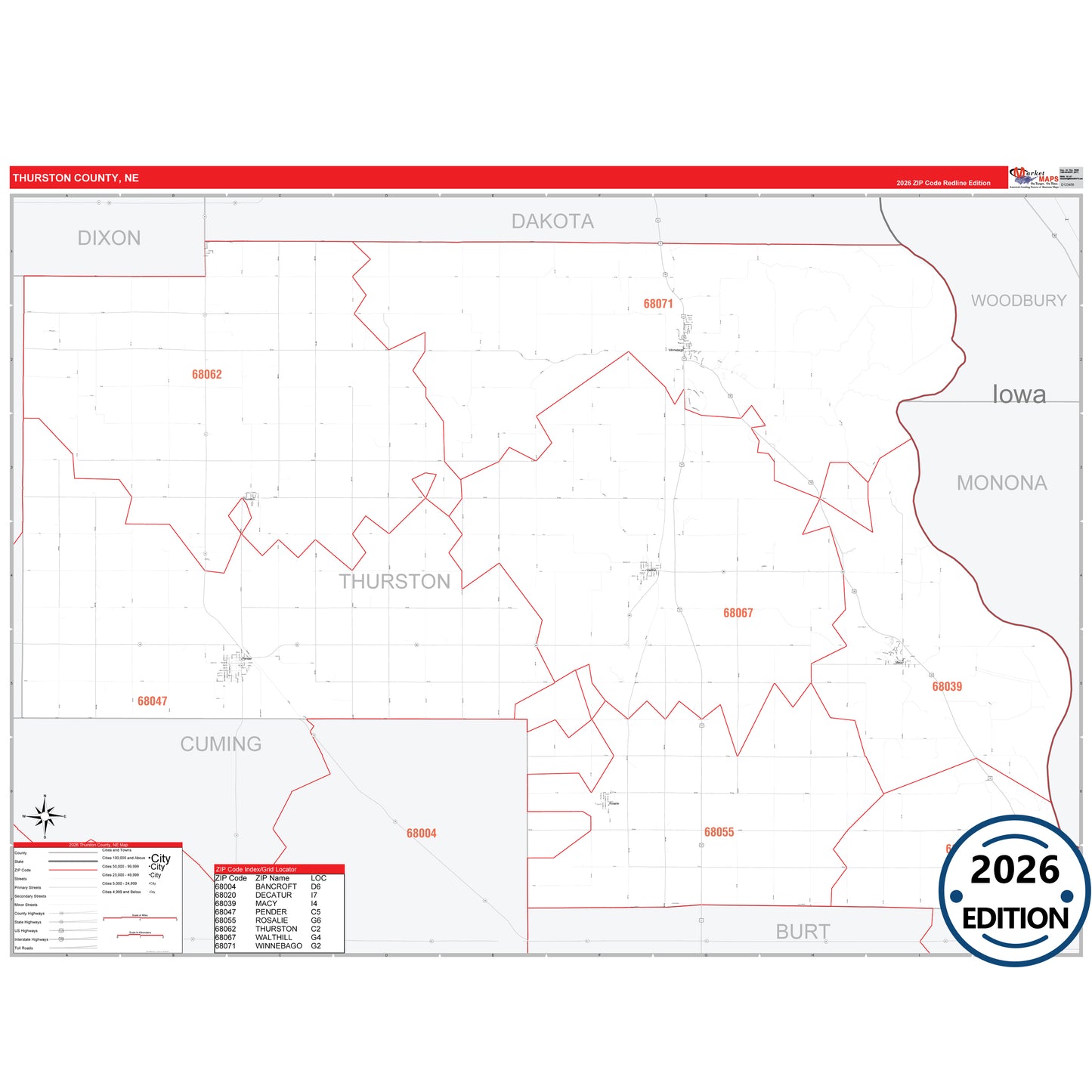 Thurston County, NE Red Line 5 Digit ZIP Code Wall Map