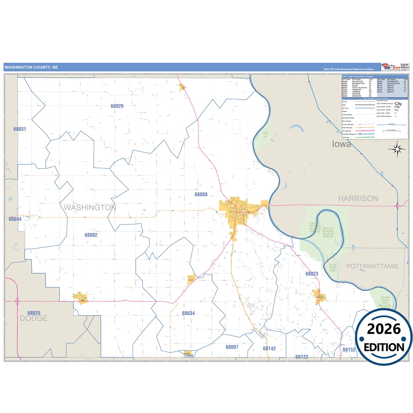 Washington County, NE Business Reference 5 Digit ZIP Code Wall Map