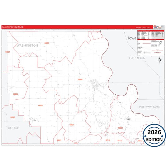 Washington County, NE Red Line 5 Digit ZIP Code Wall Map