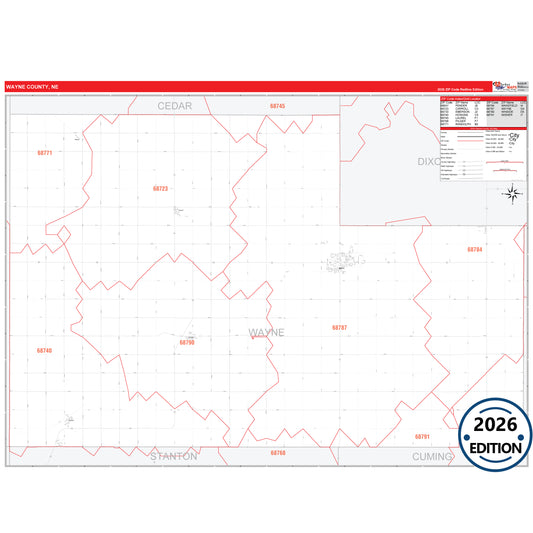 Wayne County, NE Red Line 5 Digit ZIP Code Wall Map