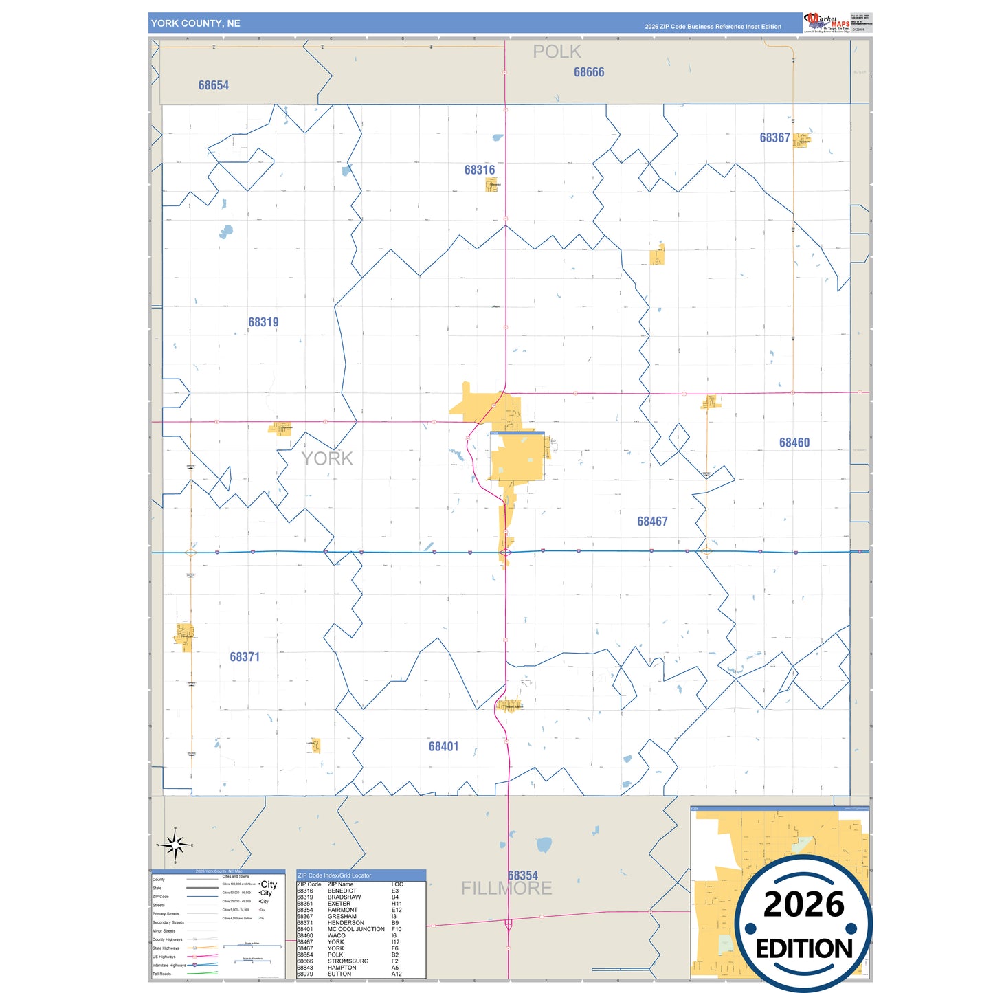 York County, NE Business Reference 5 Digit ZIP Code Wall Map