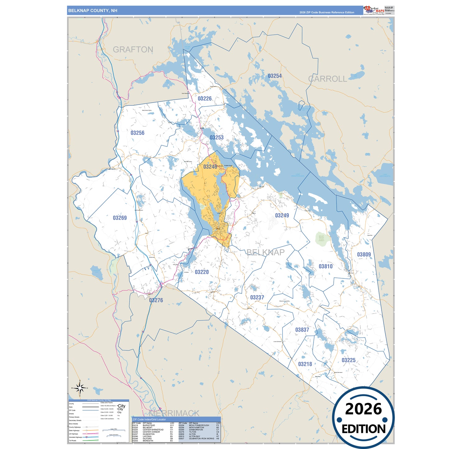Belknap County, NH Business Reference 5 Digit ZIP Code Wall Map