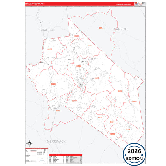 Belknap County, NH Red Line 5 Digit ZIP Code Wall Map