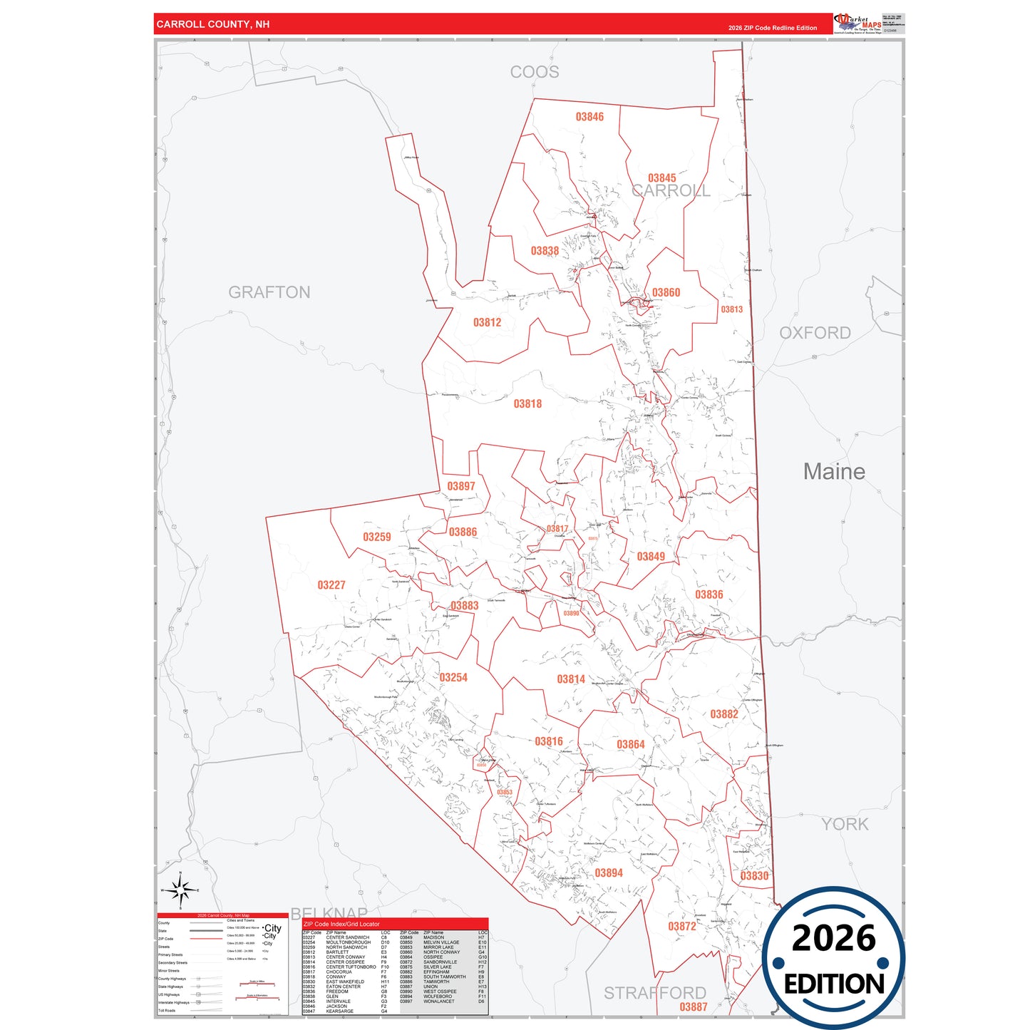 Carroll County, NH Red Line 5 Digit ZIP Code Wall Map