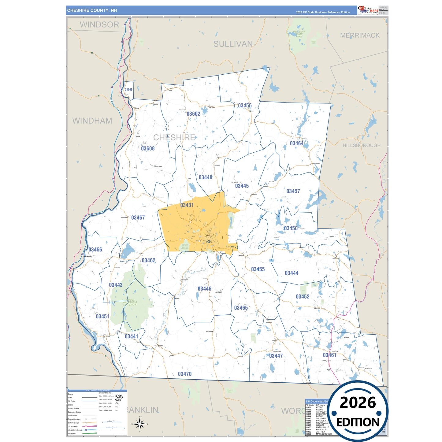 Cheshire County, NH Business Reference 5 Digit ZIP Code Wall Map