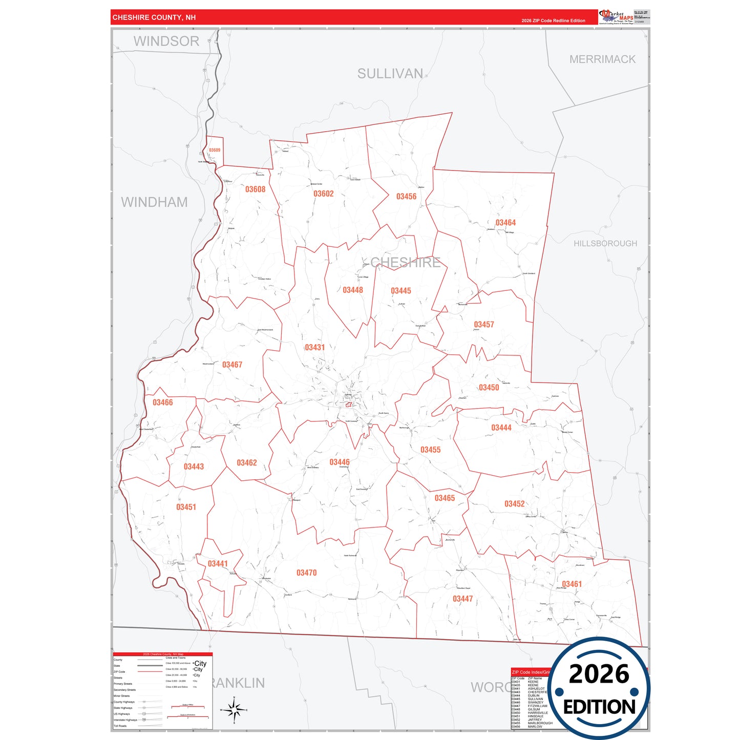 Cheshire County, NH Red Line 5 Digit ZIP Code Wall Map