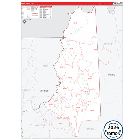 Coos County, NH Red Line 5 Digit ZIP Code Wall Map