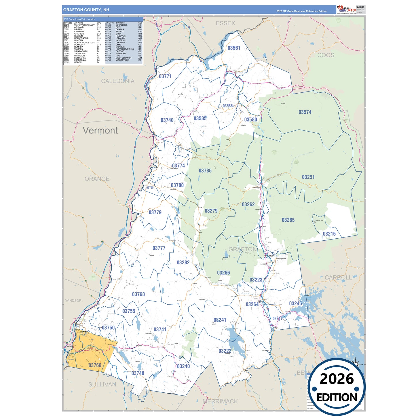 Grafton County, NH Business Reference 5 Digit ZIP Code Wall Map