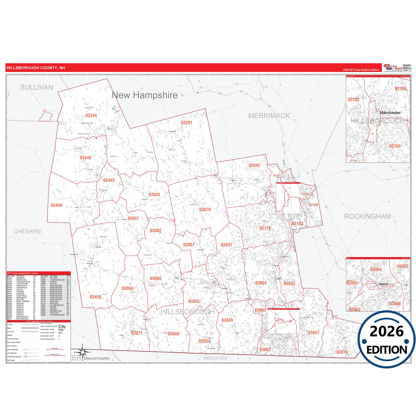 Hillsborough County, NH Red Line 5 Digit ZIP Code Wall Map