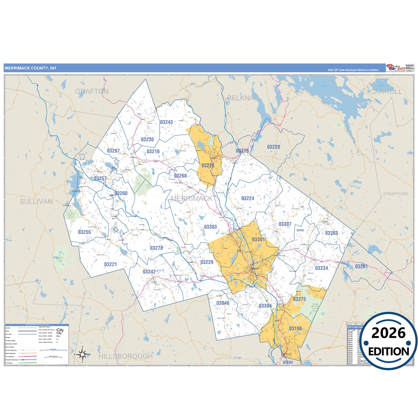 Merrimack County, NH Business Reference 5 Digit ZIP Code Wall Map
