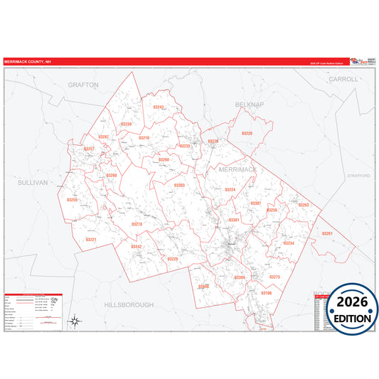 Merrimack County, NH Red Line 5 Digit ZIP Code Wall Map