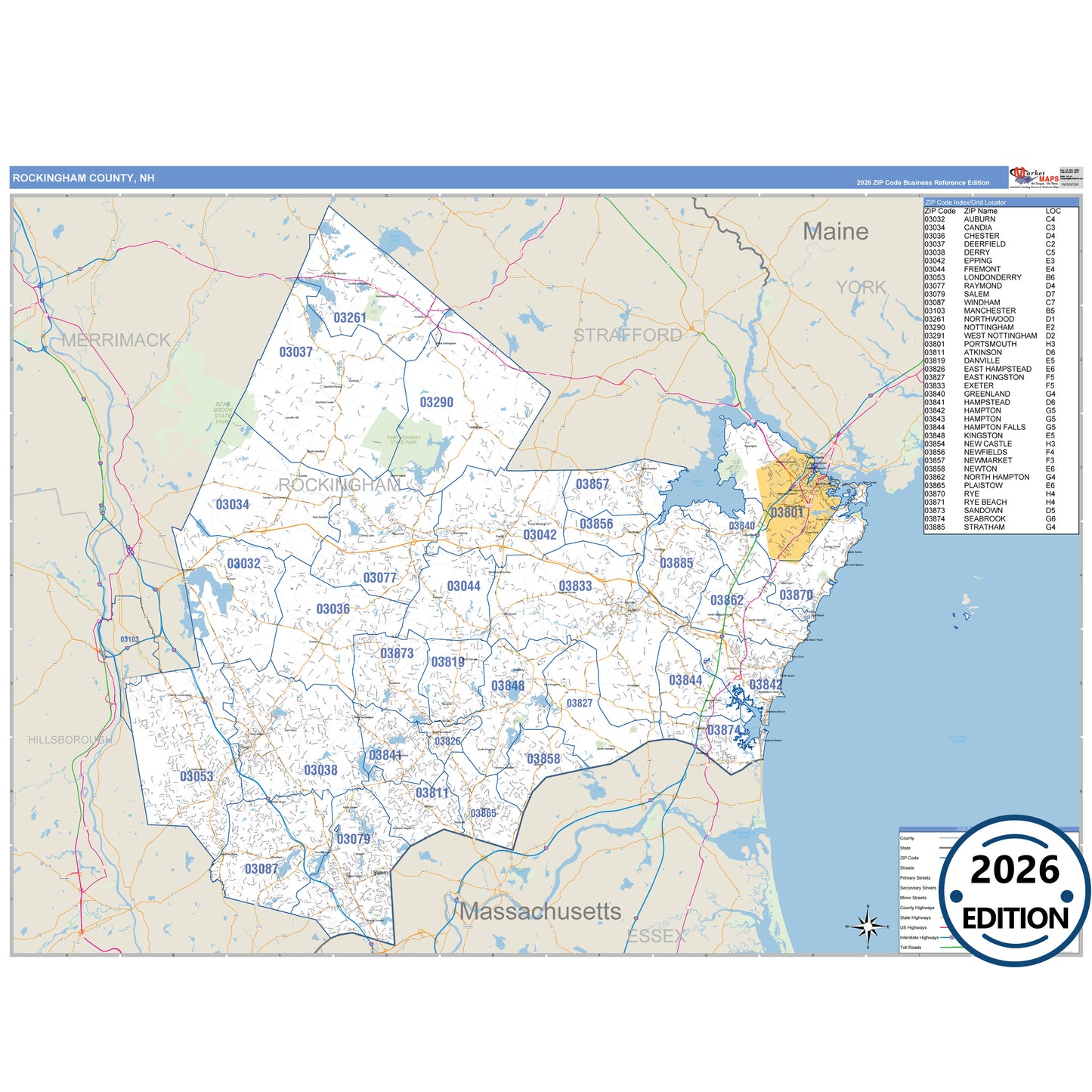 Rockingham County, NH Business Reference 5 Digit ZIP Code Wall Map