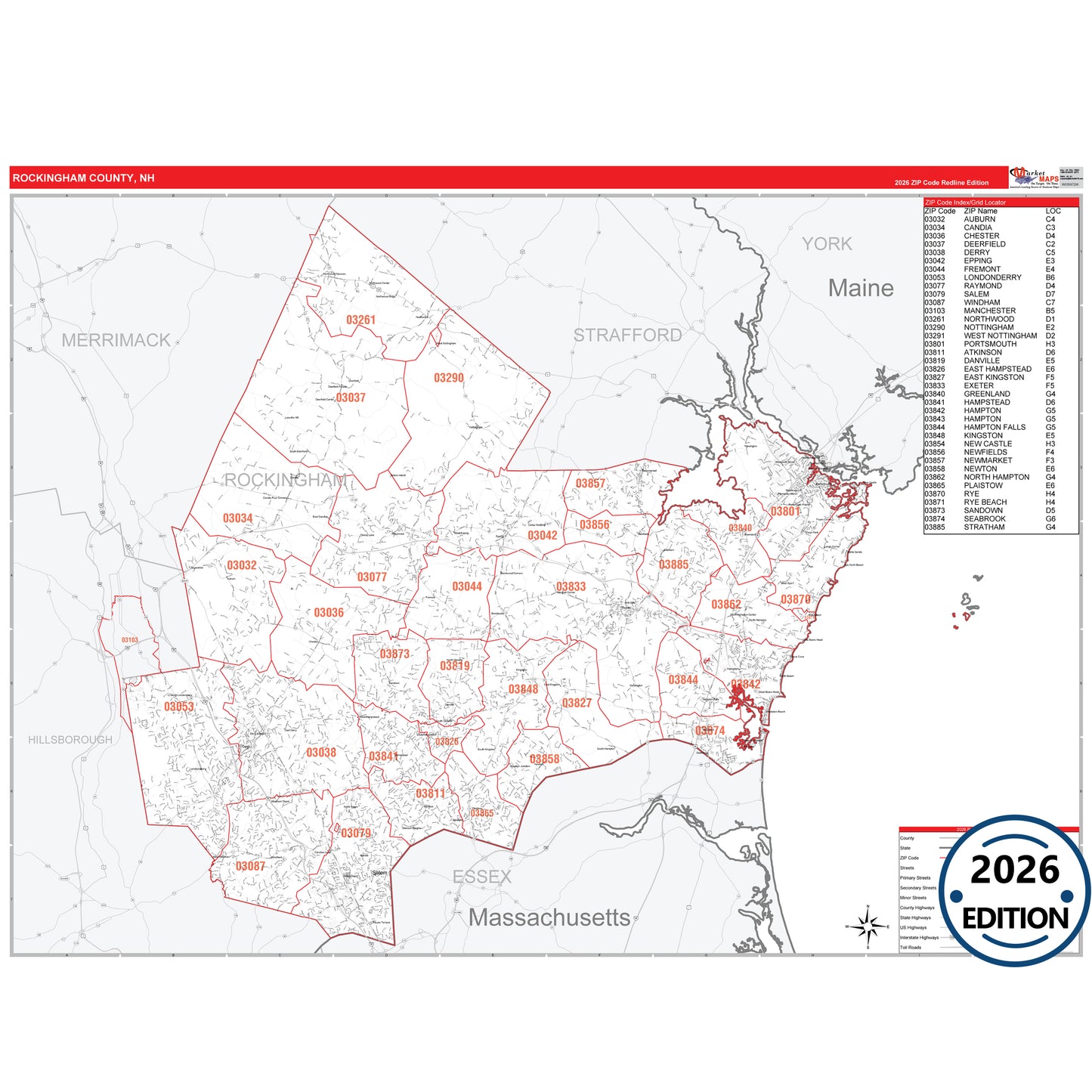 Rockingham County, NH Red Line 5 Digit ZIP Code Wall Map