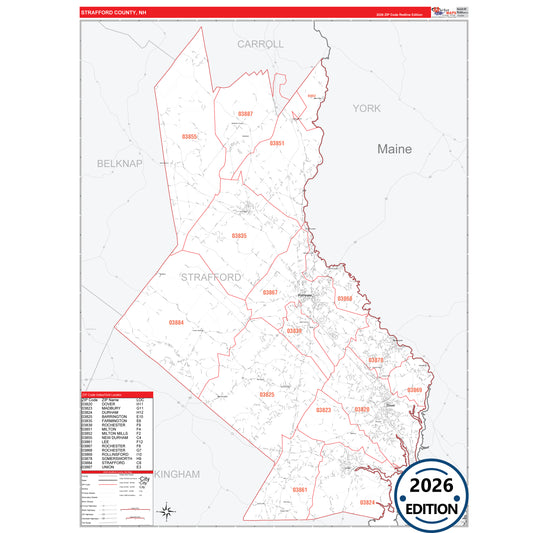 Strafford County, NH Red Line 5 Digit ZIP Code Wall Map
