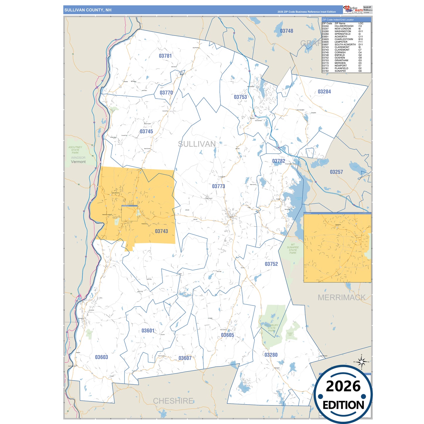 Sullivan County, NH Business Reference 5 Digit ZIP Code Wall Map