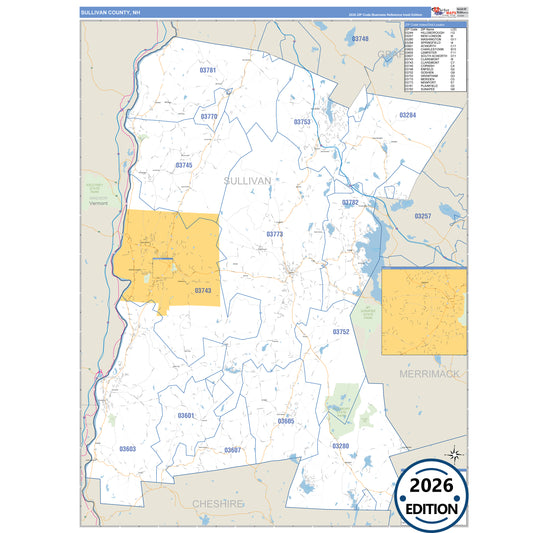 Sullivan County, NH Business Reference 5 Digit ZIP Code Wall Map