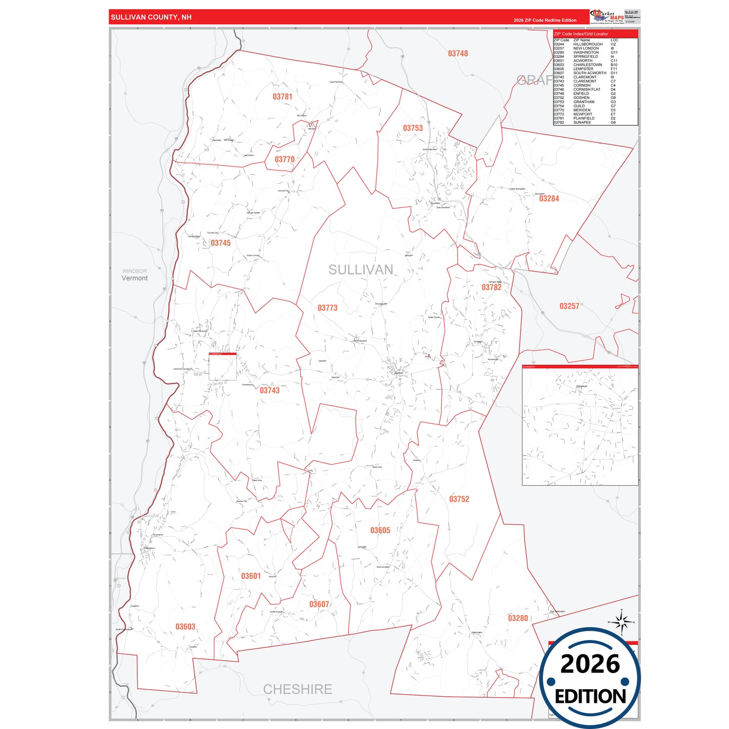 Sullivan County, NH Red Line 5 Digit ZIP Code Wall Map