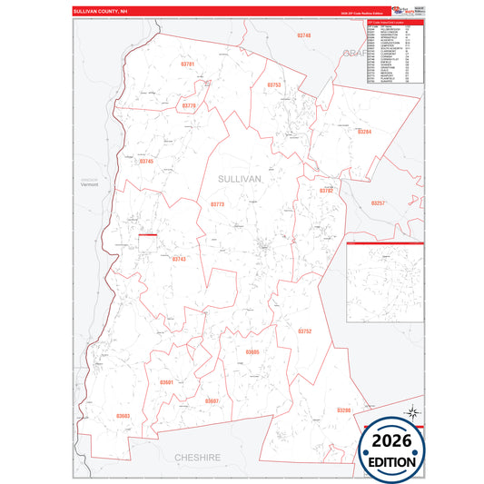 Sullivan County, NH Red Line 5 Digit ZIP Code Wall Map