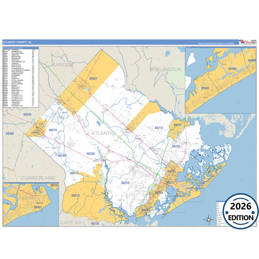 Atlantic County, NJ Business Reference 5 Digit ZIP Code Wall Map