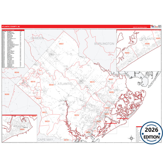Atlantic County, NJ Red Line 5 Digit ZIP Code Wall Map