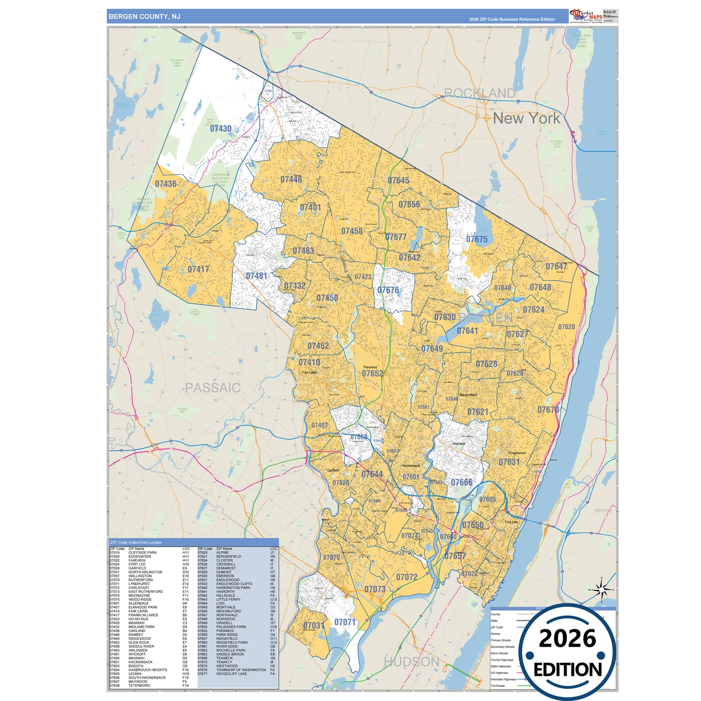 Bergen County, NJ Business Reference 5 Digit ZIP Code Wall Map