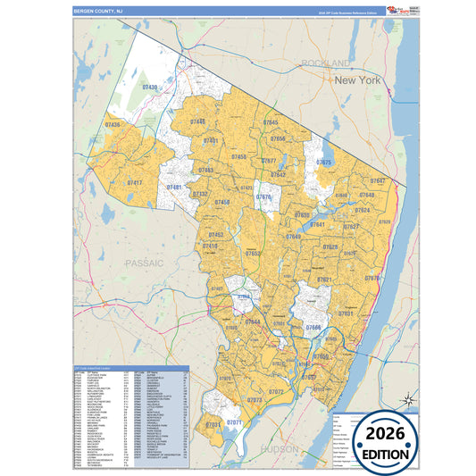 Bergen County, NJ Business Reference 5 Digit ZIP Code Wall Map