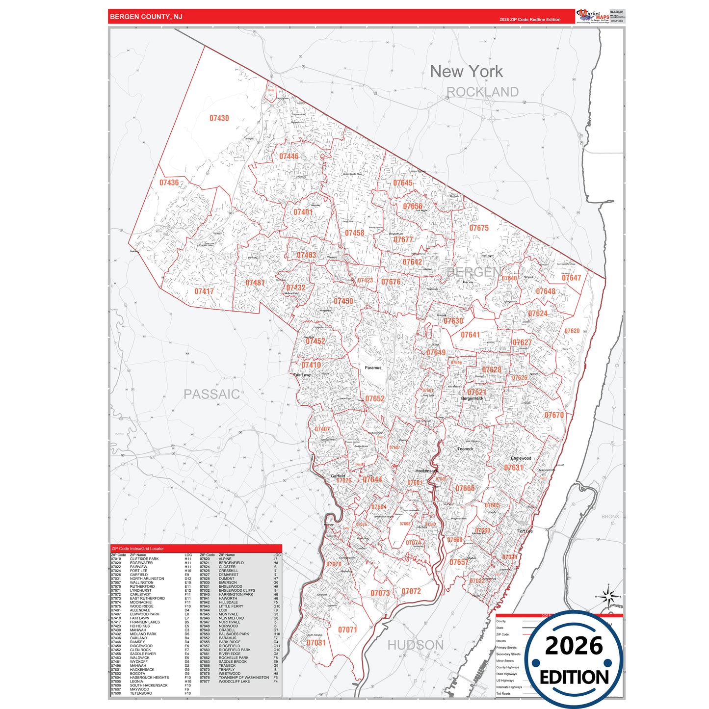 Bergen County, NJ Red Line 5 Digit ZIP Code Wall Map