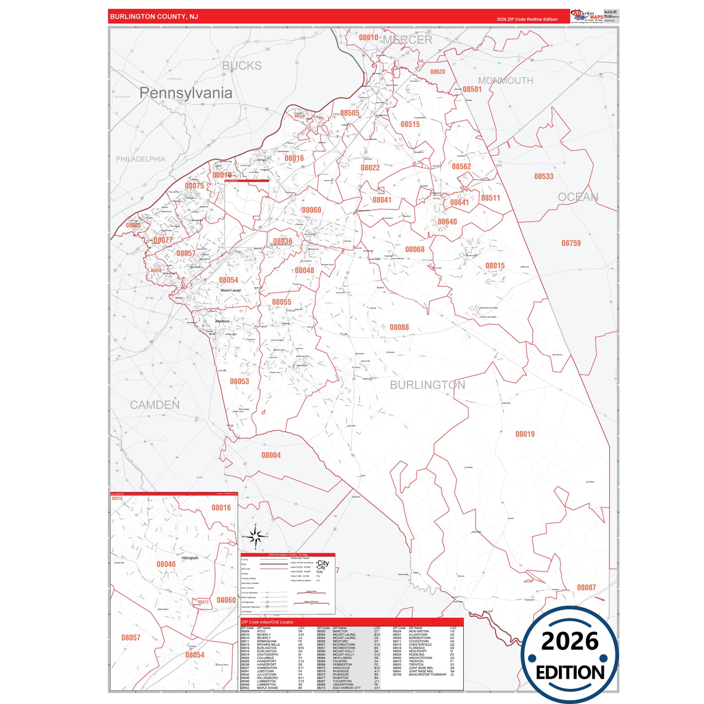 Burlington County, NJ Red Line 5 Digit ZIP Code Wall Map