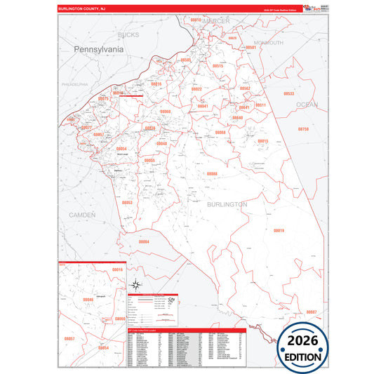 Burlington County, NJ Red Line 5 Digit ZIP Code Wall Map