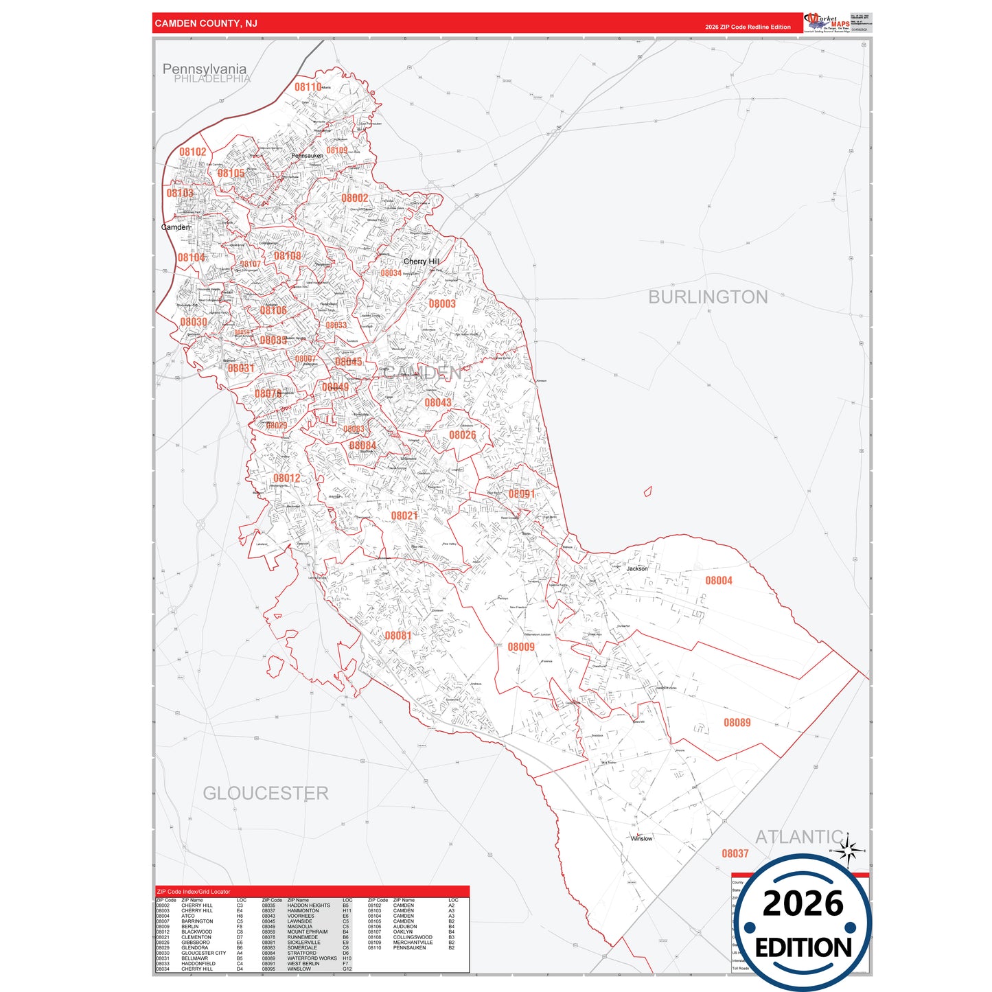 Camden County, NJ Red Line 5 Digit ZIP Code Wall Map